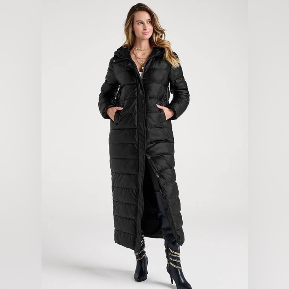 GUESS-  puffer-quilted down jacket designed in a longline silhouette with hood L